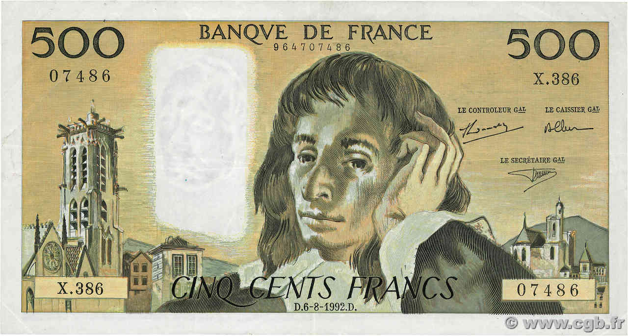 500 Francs PASCAL FRANCE  1992 F.71.50 pr.TTB