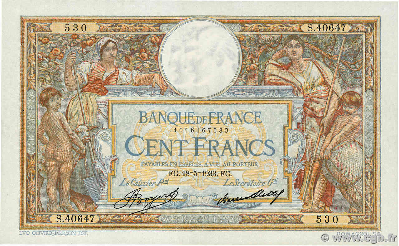 100 Francs LUC OLIVIER MERSON grands cartouches FRANCE  1933 F.24.12a XF+