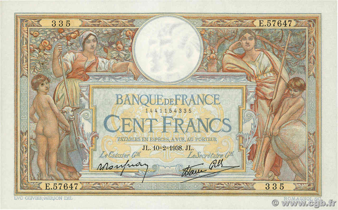 100 Francs LUC OLIVIER MERSON type modifié FRANCIA  1938 F.25.10 SPL+