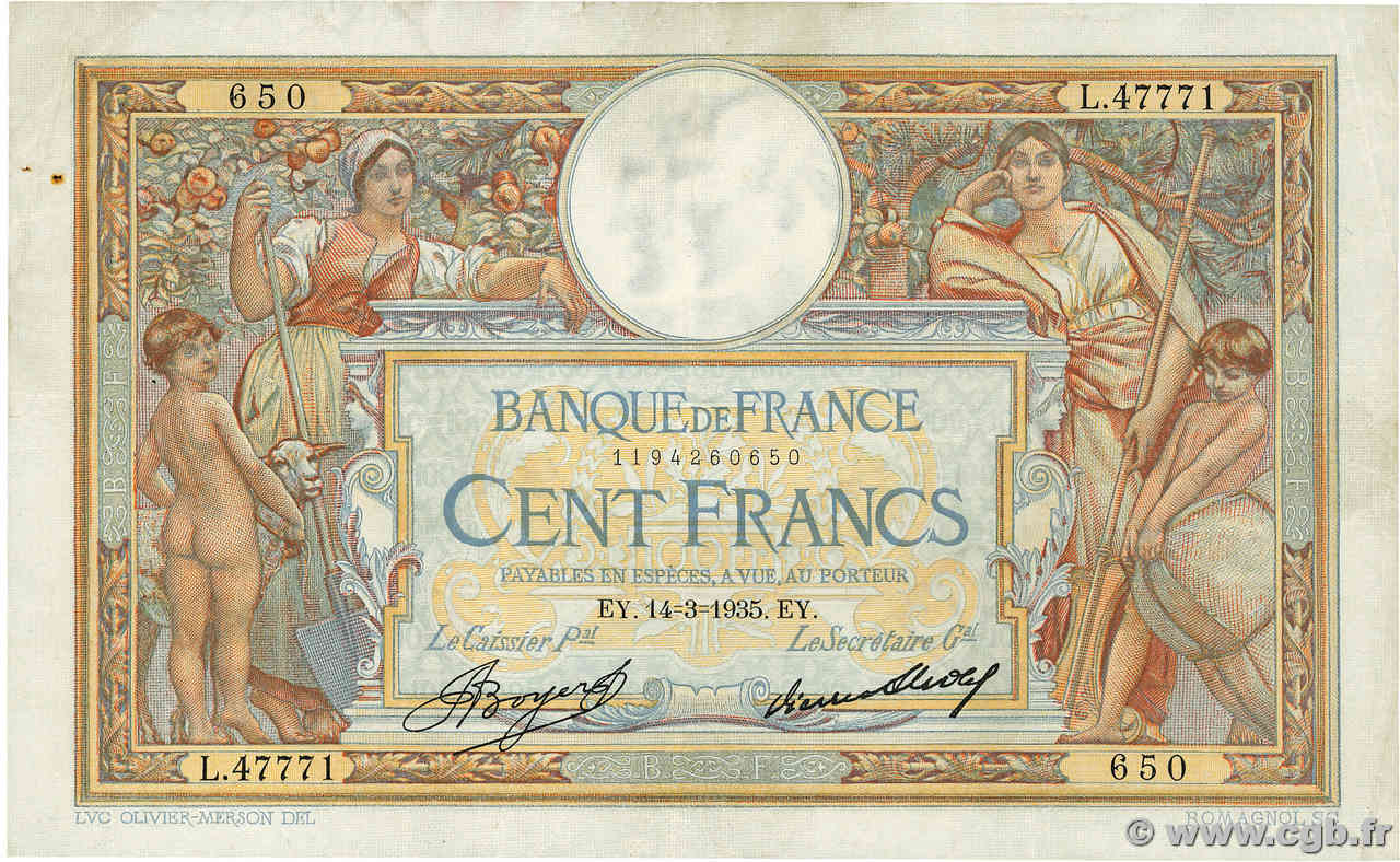 100 Francs LUC OLIVIER MERSON grands cartouches FRANCE  1935 F.24.14 VF-