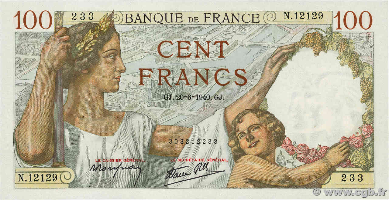 100 Francs SULLY FRANKREICH  1940 F.26.32 fST+