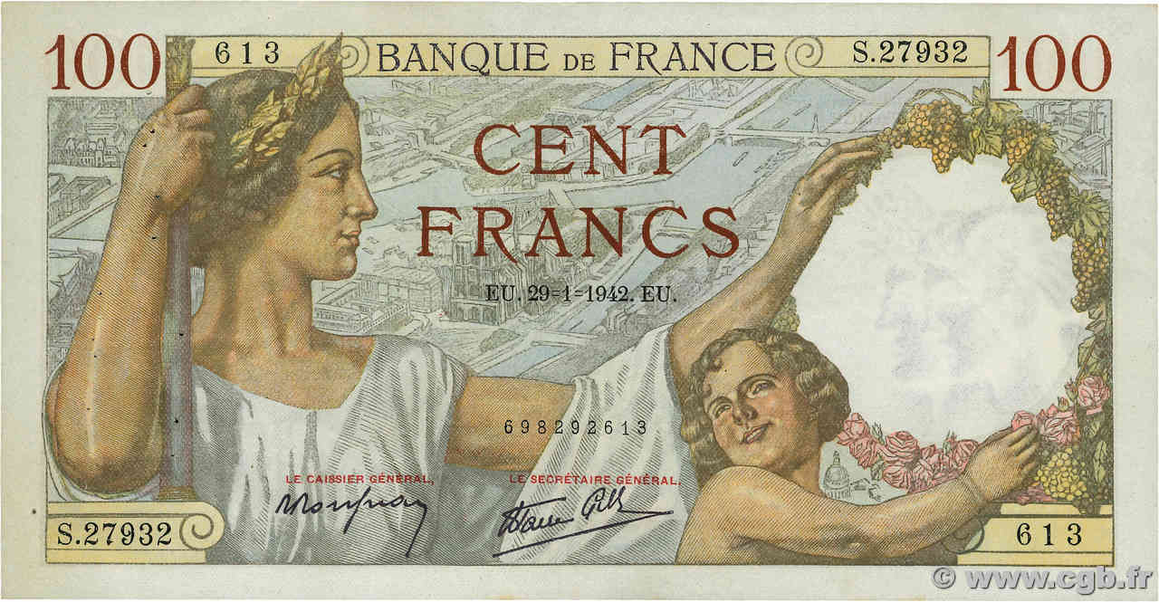 100 Francs SULLY FRANCE  1942 F.26.65 TTB