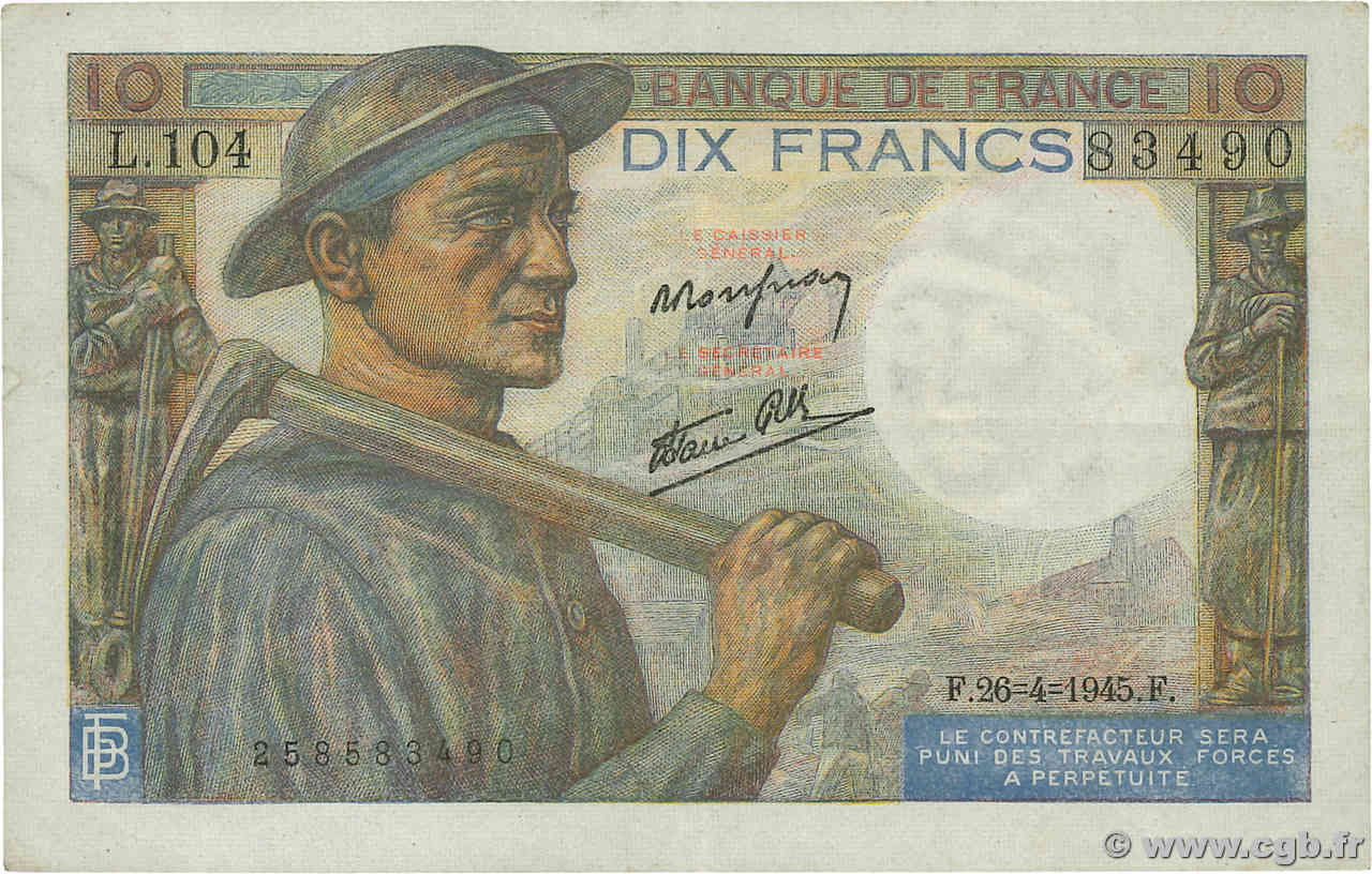 10 Francs MINEUR FRANCE  1945 F.08.14 TTB