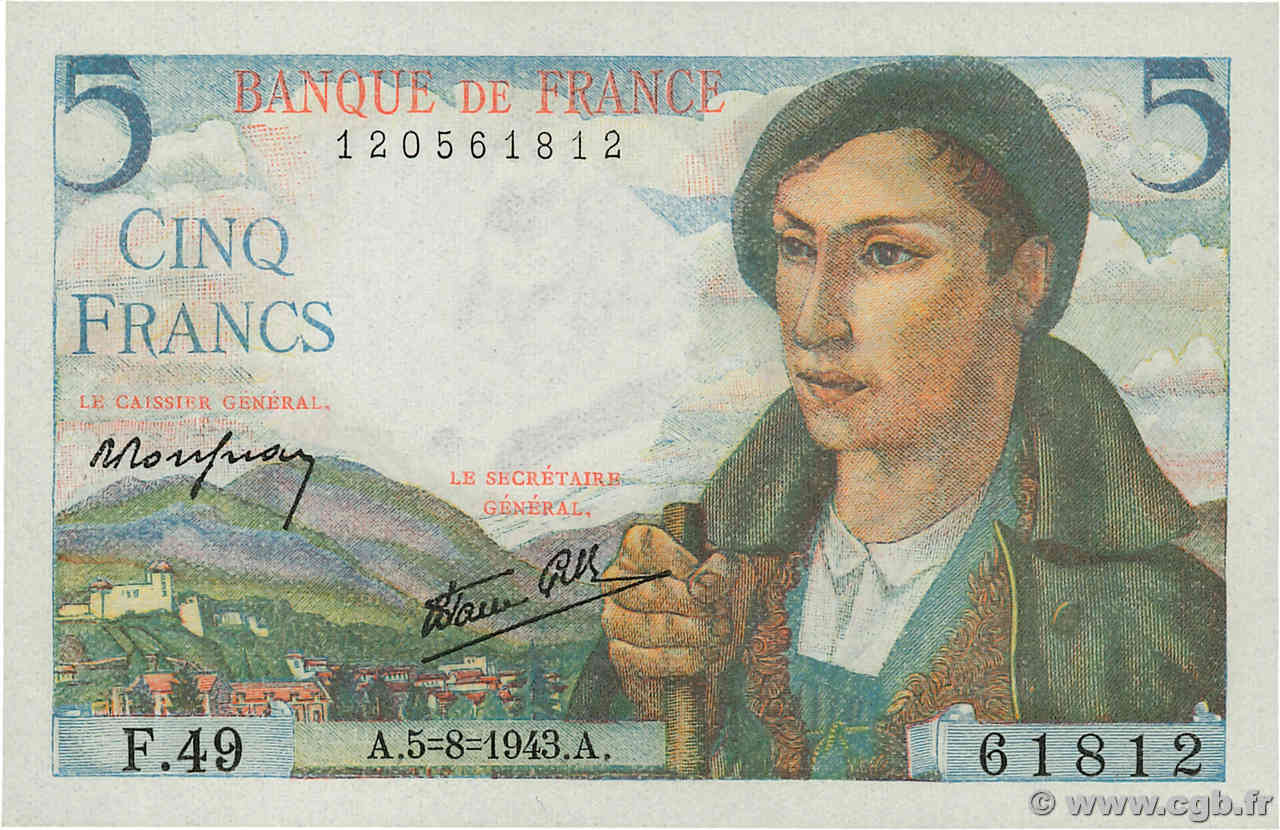 5 Francs BERGER FRANCE  1943 F.05.03 UNC-