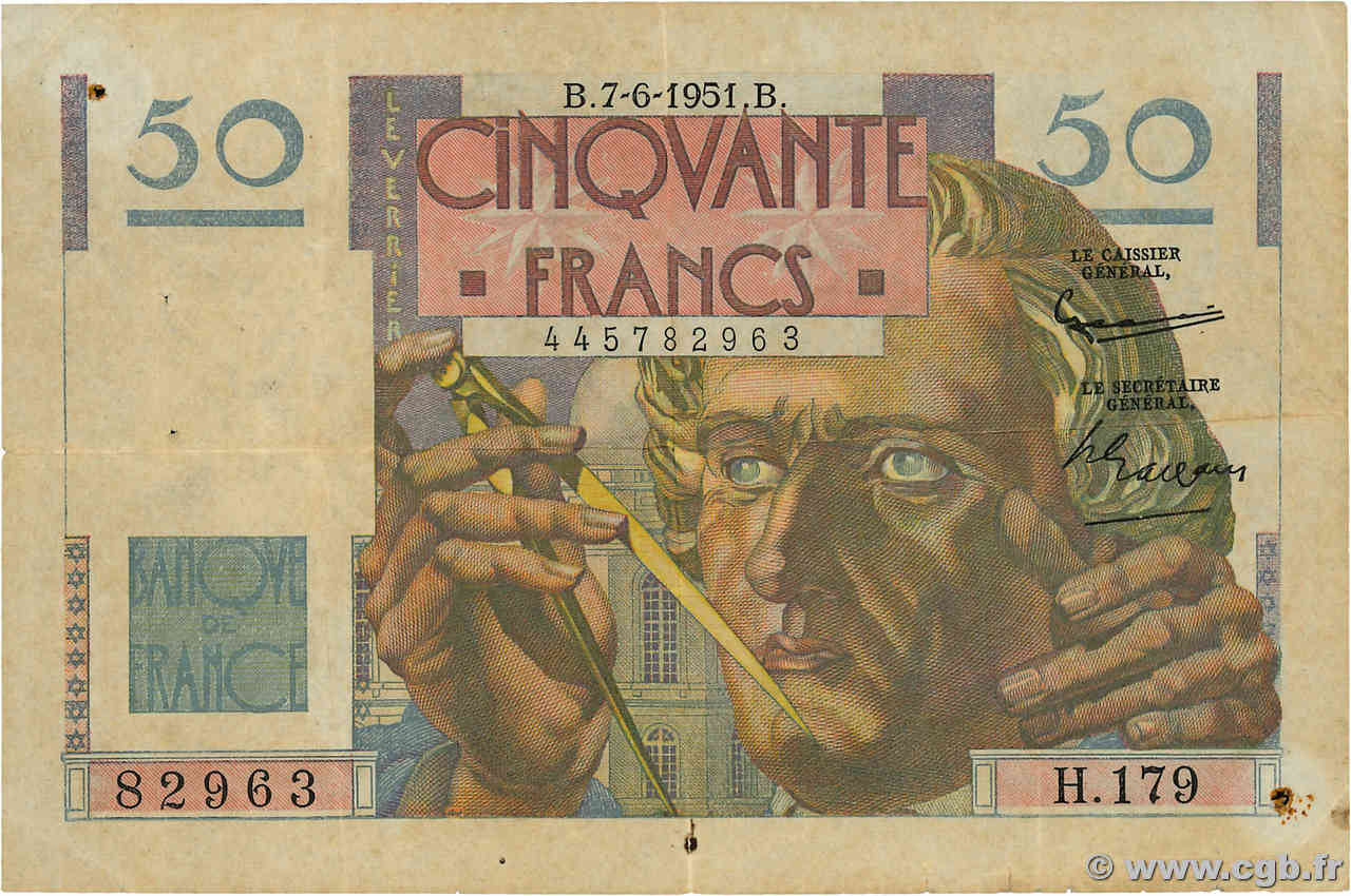 50 Francs LE VERRIER FRANCIA  1951 F.20.18 BC