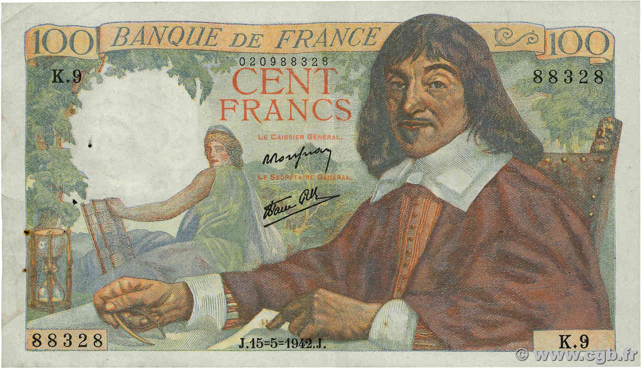 100 Francs DESCARTES FRANCE  1942 F.27.01 VF