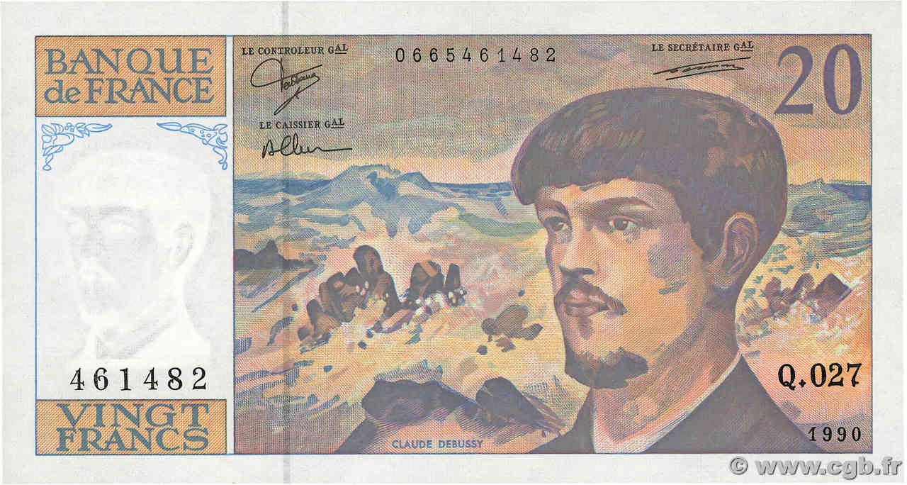 20 Francs DEBUSSY à fil de sécurité FRANCIA  1990 F.66bis.01 AU+