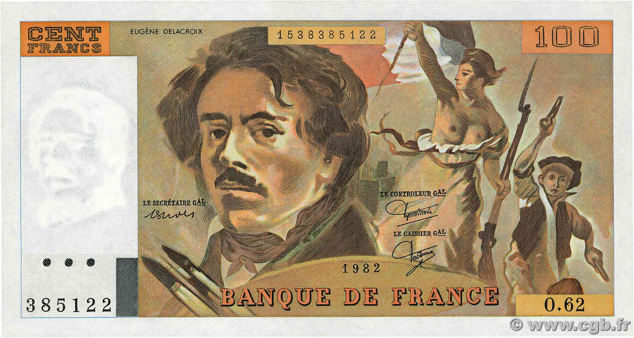 100 Francs DELACROIX modifié FRANCE  1982 F.69.06 UNC-