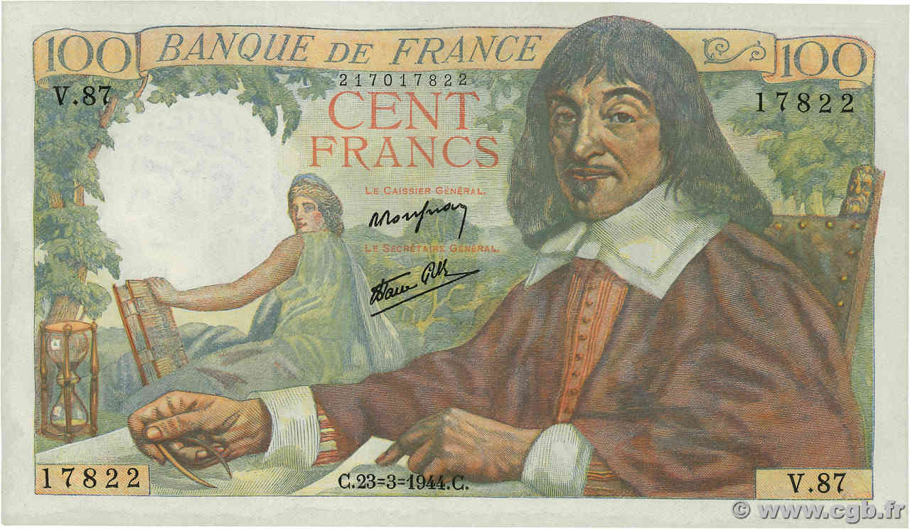 100 Francs DESCARTES FRANCE  1944 F.27.05 pr.NEUF