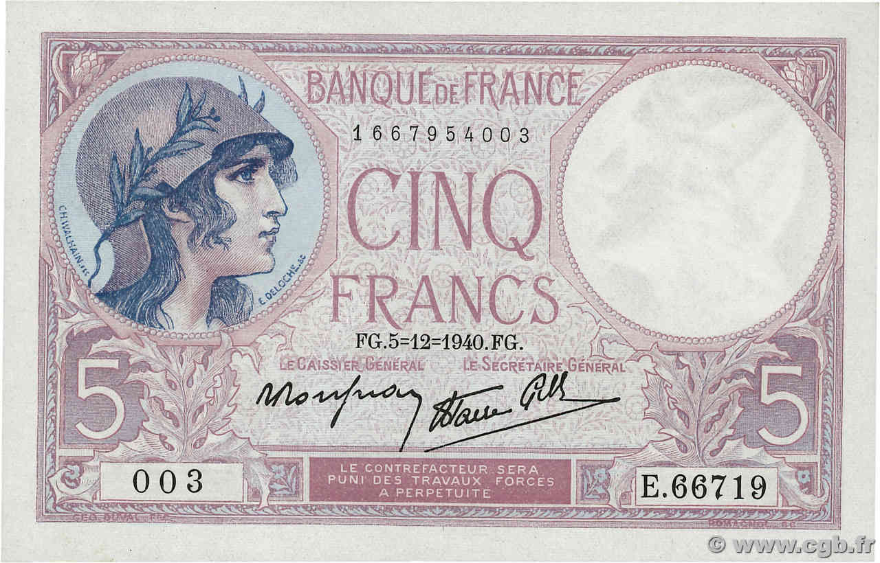 5 Francs FEMME CASQUÉE modifié FRANCIA  1940 F.04.16 SC+