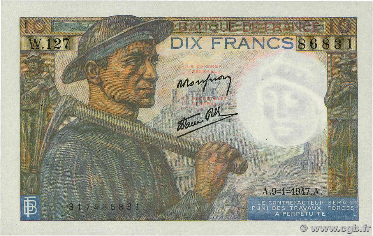 10 Francs MINEUR FRANCE  1947 F.08.17 AU-