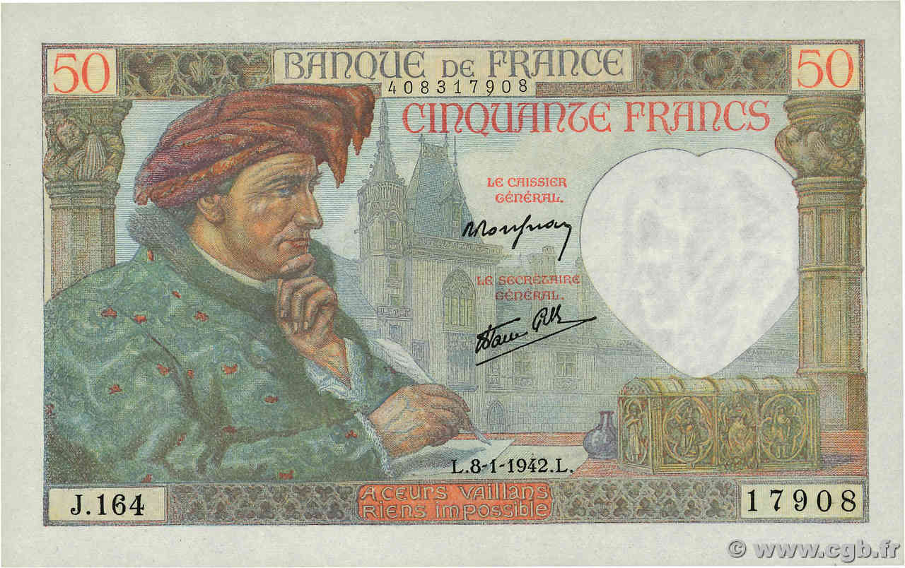 50 Francs JACQUES CŒUR FRANCE  1942 F.19.18 SUP