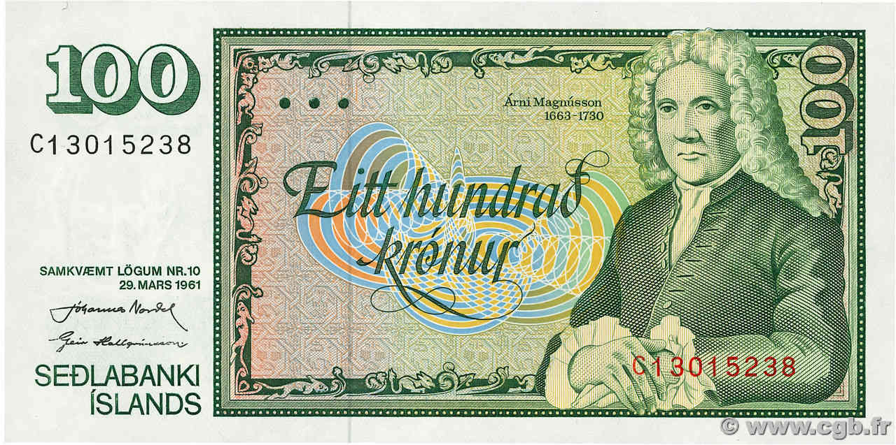 100 Kronur ICELAND  1961 P.50a UNC