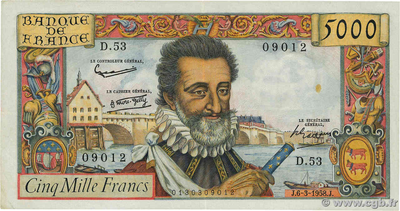 5000 Francs HENRI IV FRANCE  1958 F.49.06 TTB+