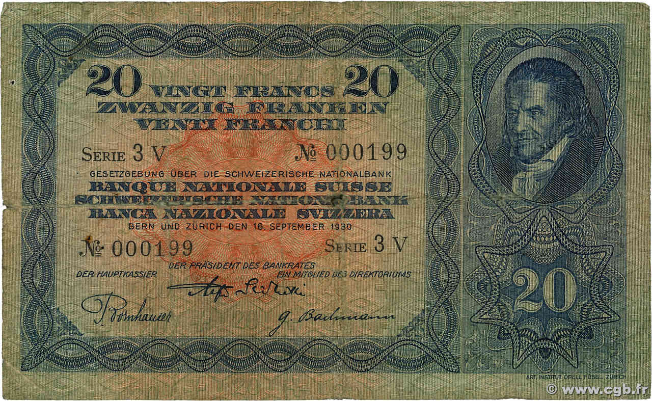 20 Francs Petit numéro SWITZERLAND  1930 P.39b VG