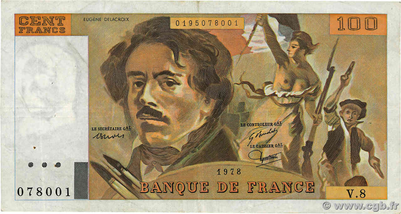 100 Francs DELACROIX modifié FRANCE  1978 F.69.01f TB