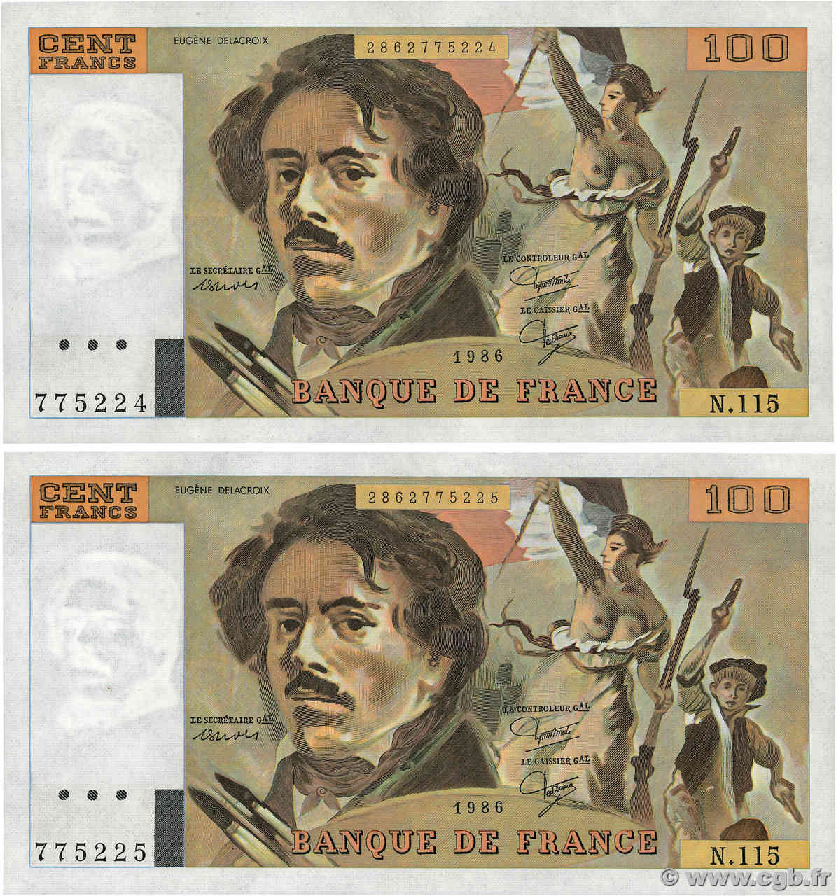 100 Francs DELACROIX modifié Consécutifs FRANCE  1986 F.69.10 SUP