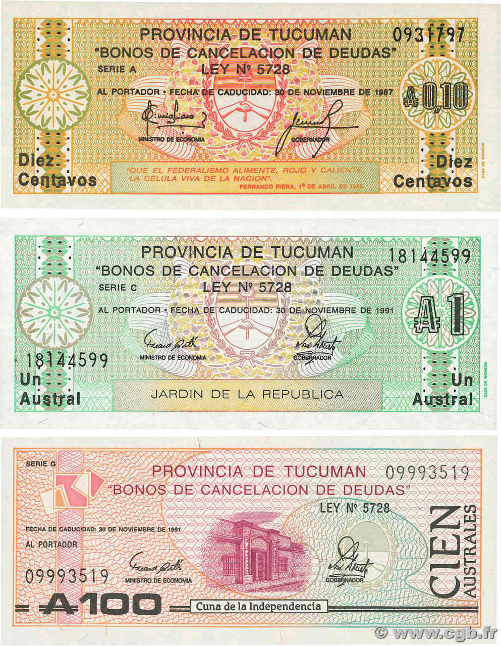 10 Centavos, 1 et 100 Austral Lot ARGENTINE  1985 PS.2701b, PS.2711b et PS.2715 pr.NEUF
