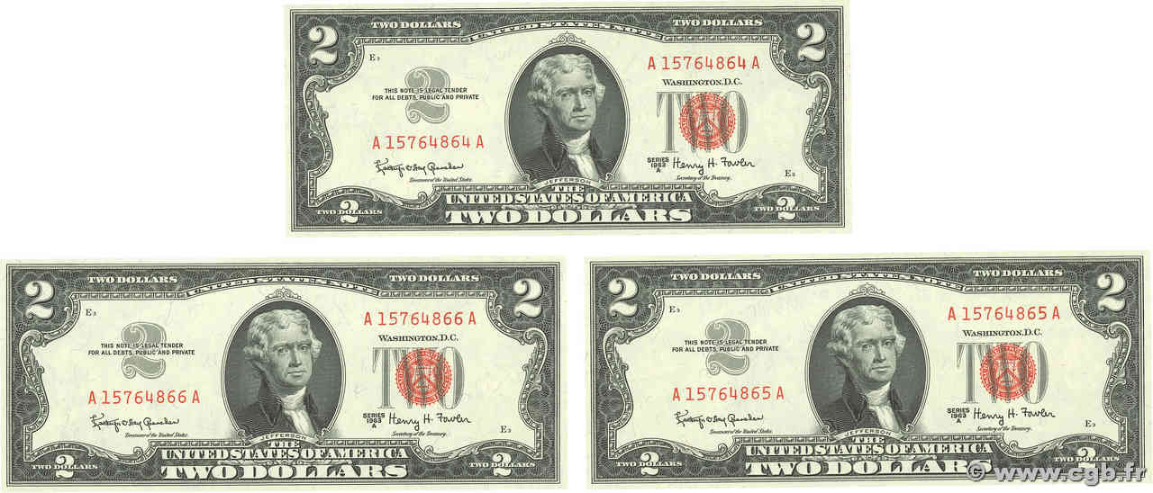 2 Dollars Consécutifs ÉTATS-UNIS D AMÉRIQUE  1963 P.382b NEUF