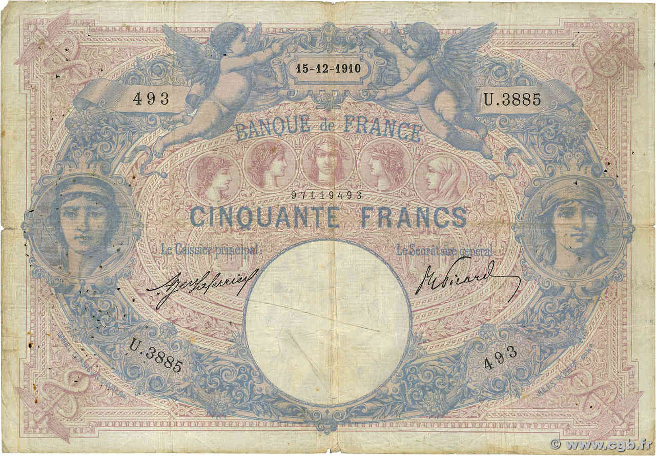 50 Francs BLEU ET ROSE FRANCE  1910 F.14.23 B+