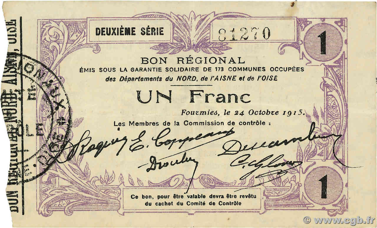 1 Franc FRANCE régionalisme et divers Nord, Aisne et Oise 1915 JP.59-1111 TTB