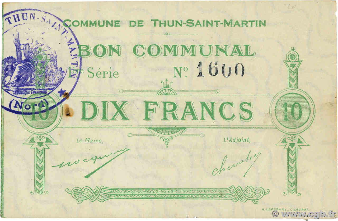 10 Francs FRANCE régionalisme et divers Thun-Saint-Martin 1915 JP.59-2457 TTB