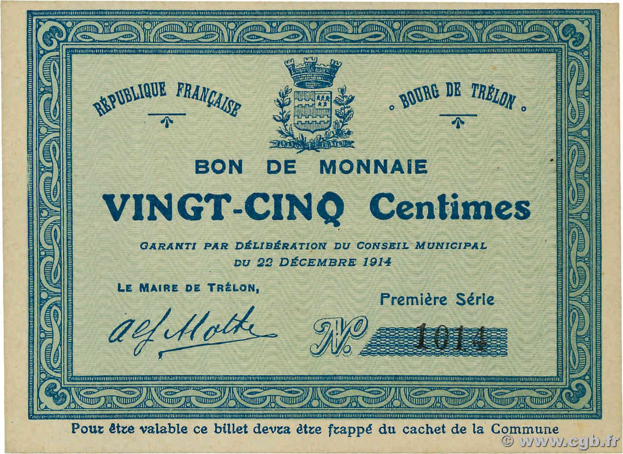25 Centimes FRANCE régionalisme et divers Trelon 1914 JP.59-2504 SPL