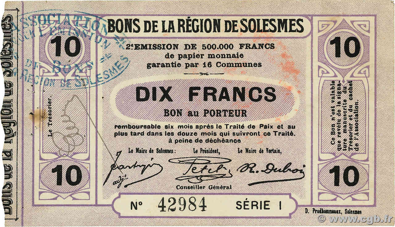 10 Francs FRANCE régionalisme et divers Solesmes 1914 JP.59-2339 TTB+