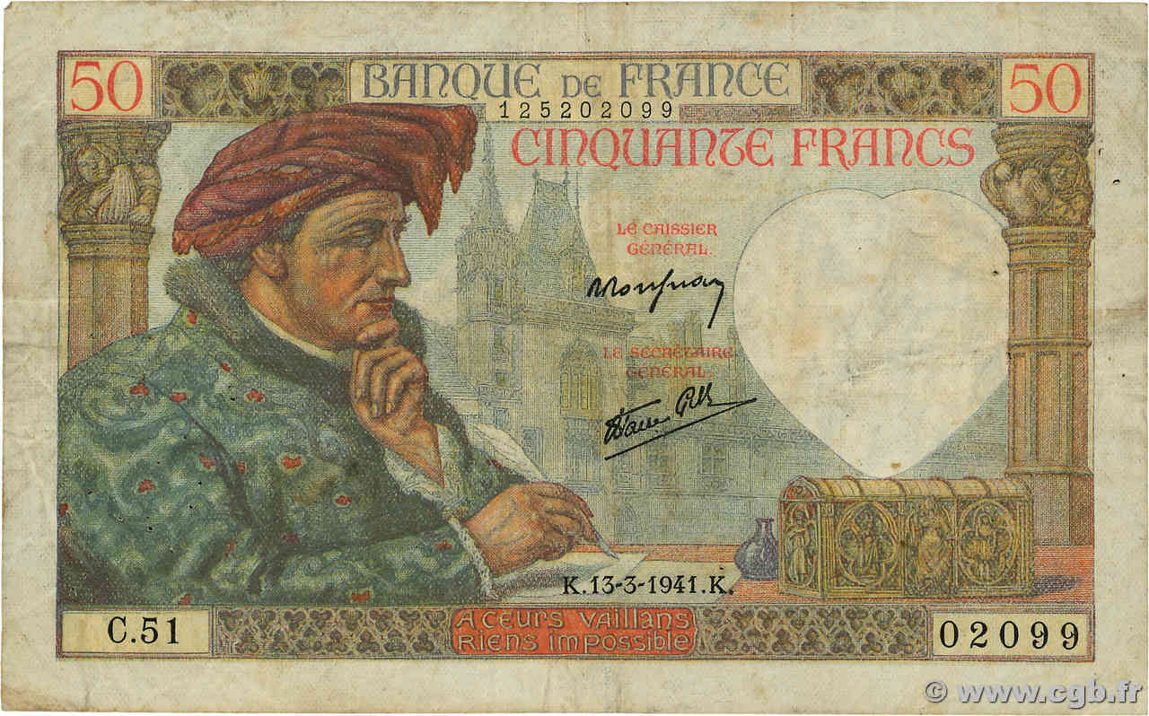 50 Francs JACQUES CŒUR FRANCE  1941 F.19.07 TB