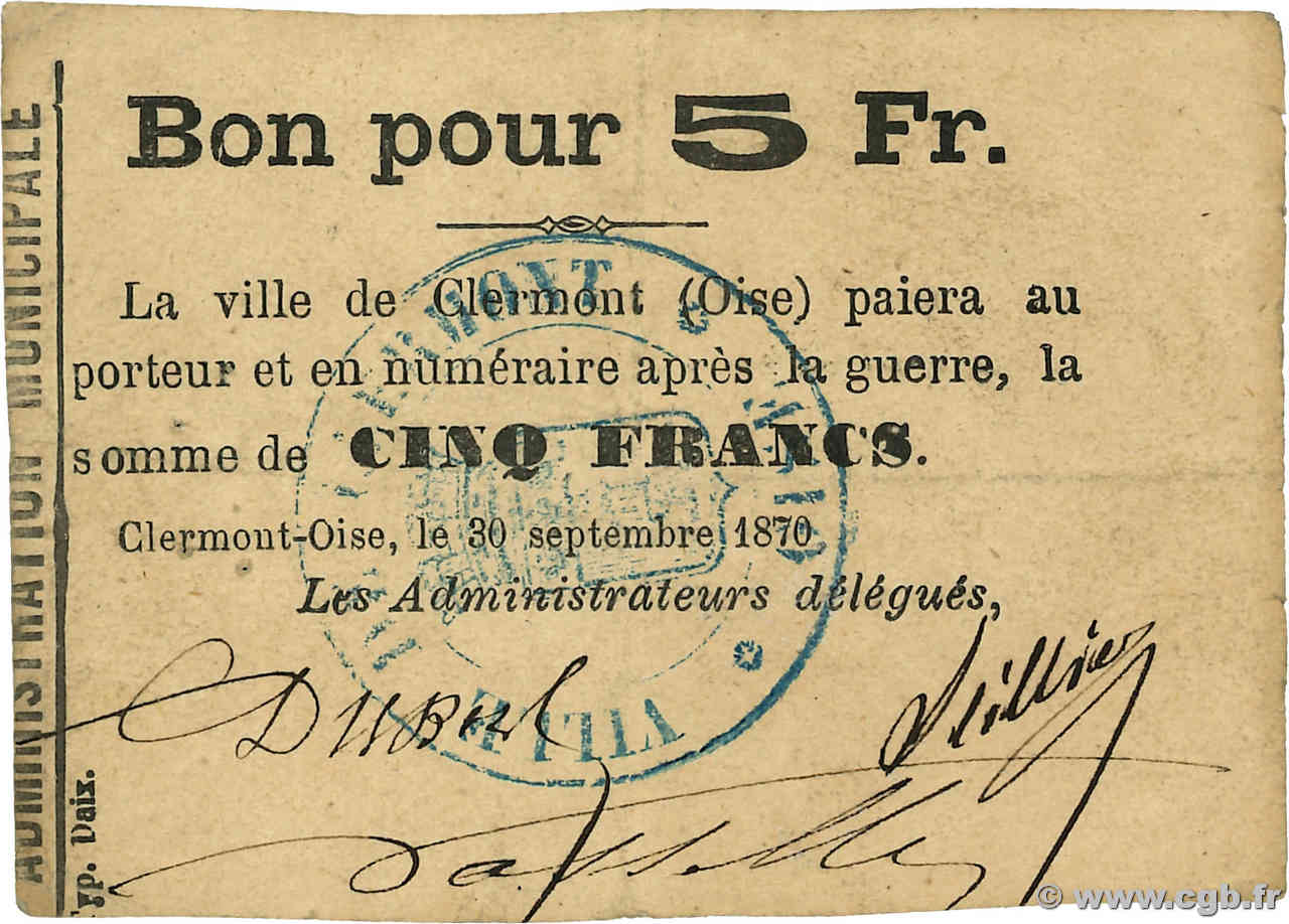 5 Francs FRANCE régionalisme et divers Clermont 1870 JER.60.03F TTB