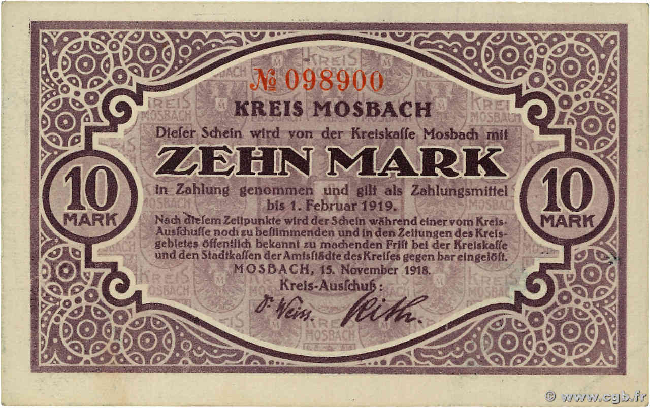 10 Mark DEUTSCHLAND Mosbach 1918  VZ