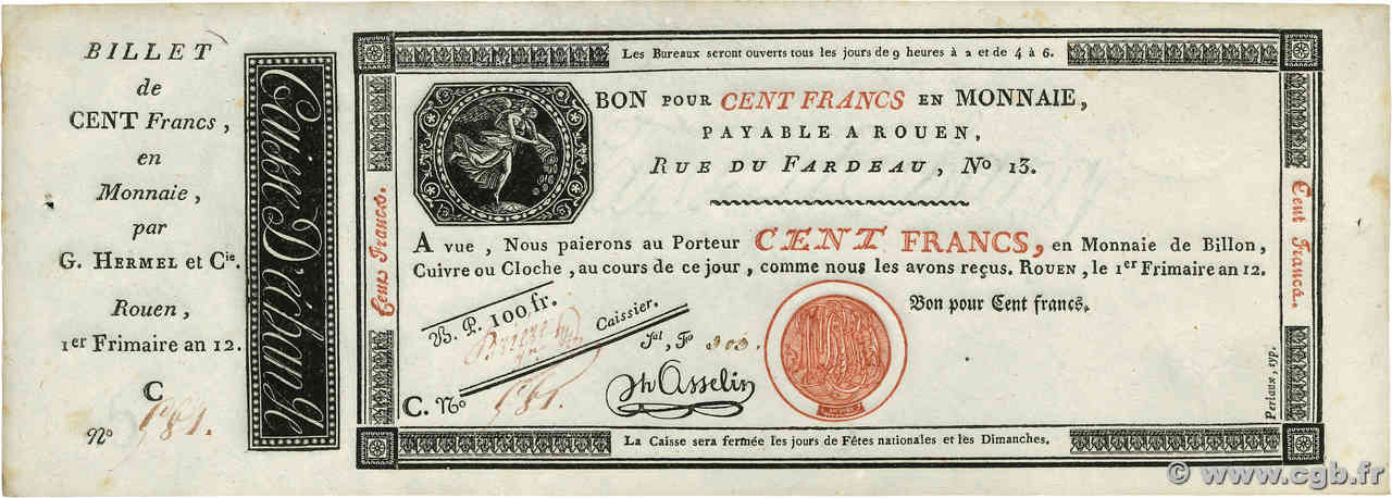 100 Francs FRANKREICH  1803 PS.246a fST