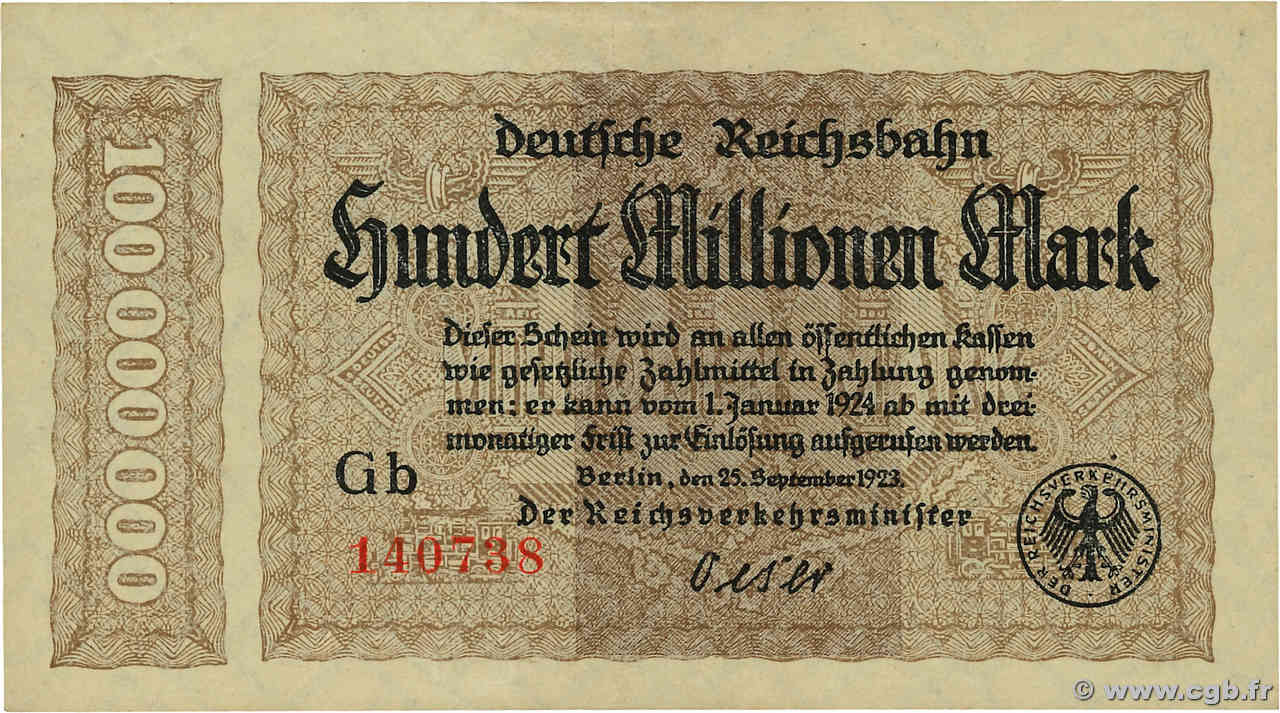 100 Millions Mark GERMANY  1923 PS.1017a AU