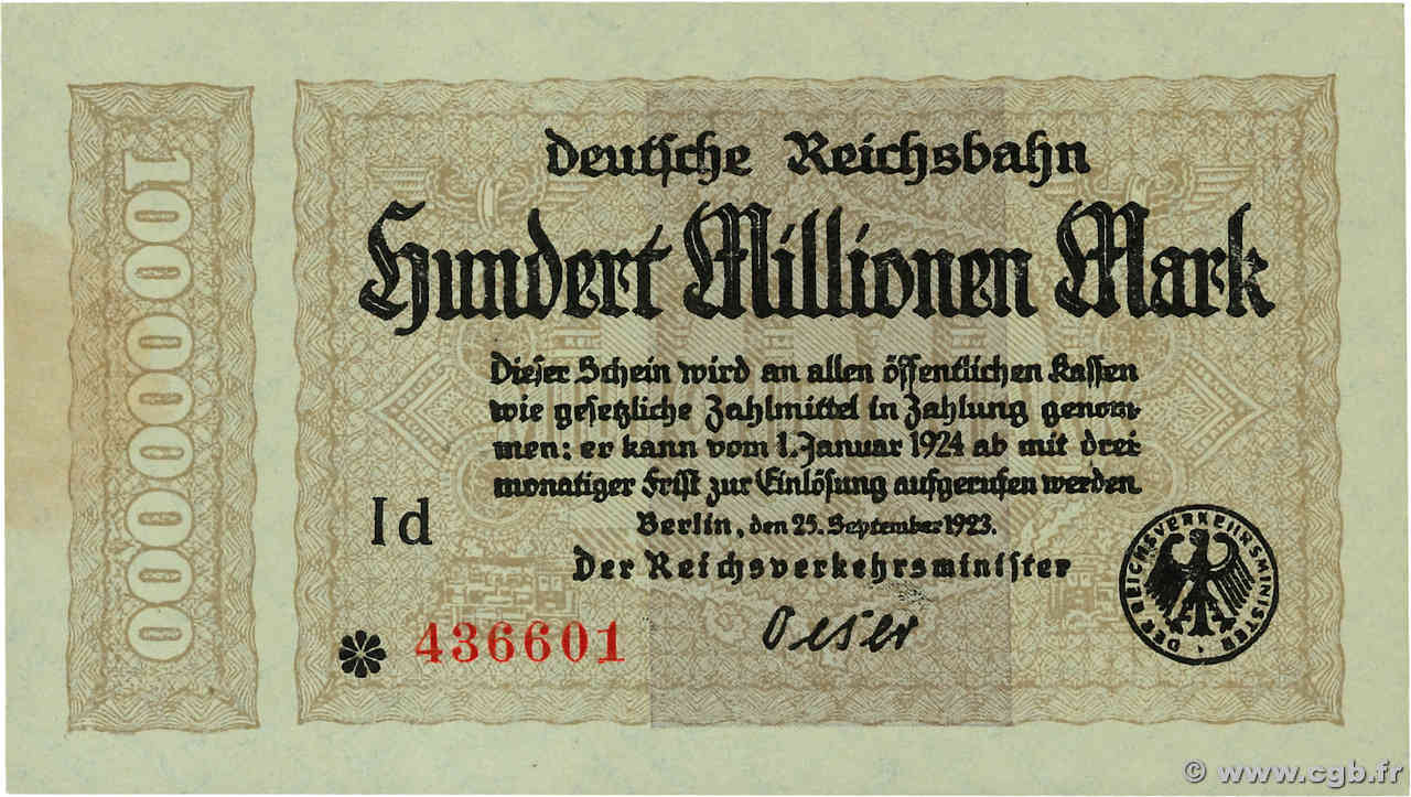 100 Millions Mark GERMANY  1923 PS.1017b UNC-