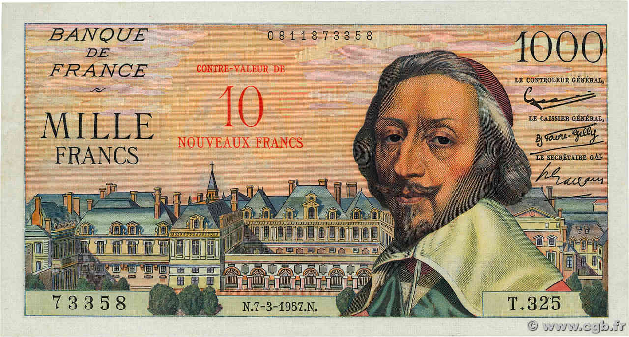 10 NF sur 1000 Francs RICHELIEU FRANCE  1957 F.53.01 XF+