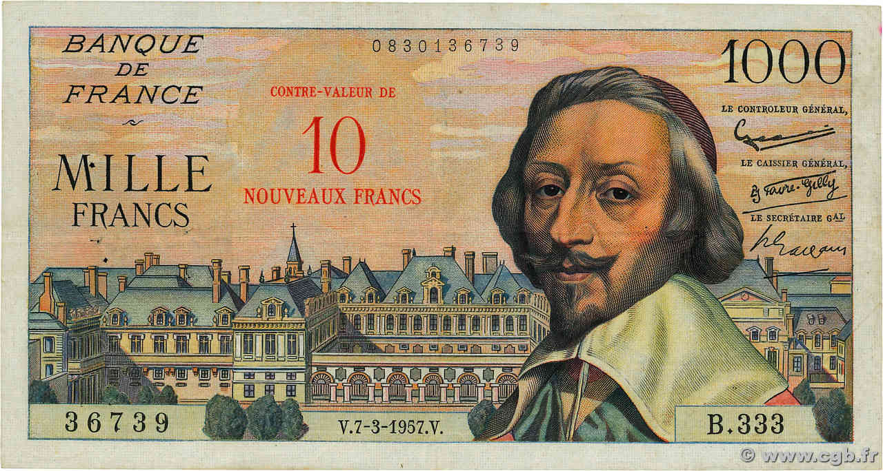 10 NF sur 1000 Francs RICHELIEU FRANCE  1957 F.53.01 pr.TTB