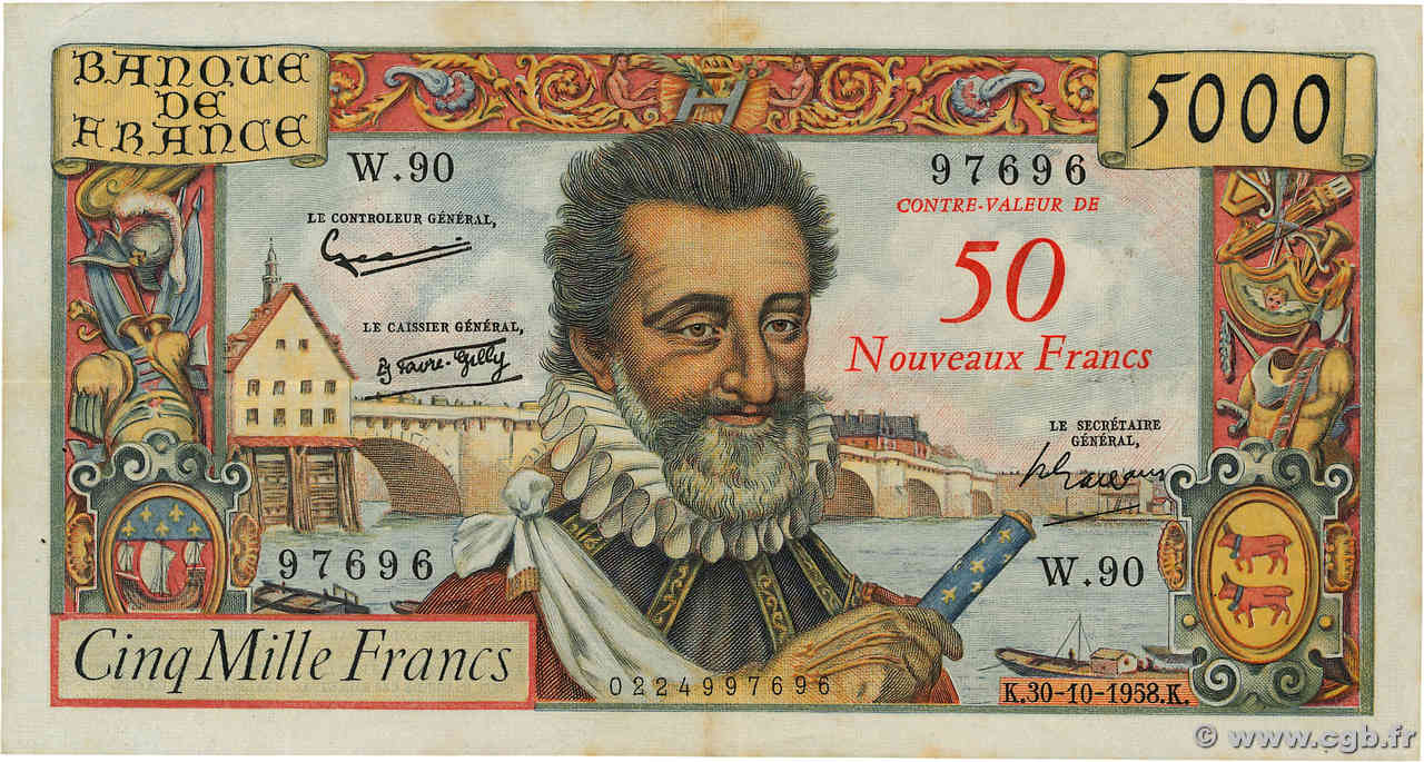 50 NF sur 5000 Francs HENRI IV FRANCE  1958 F.54.01 TTB