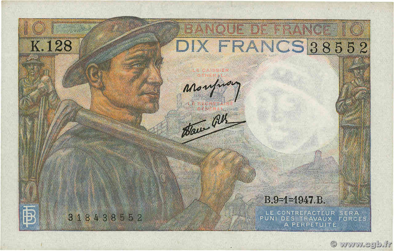 10 Francs MINEUR FRANKREICH  1947 F.08.17 VZ