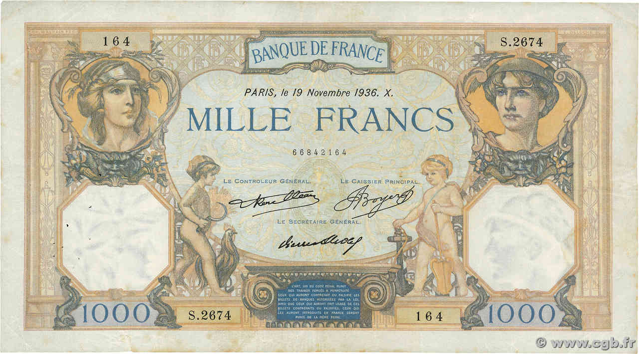 1000 Francs CÉRÈS ET MERCURE FRANKREICH  1936 F.37.09 S