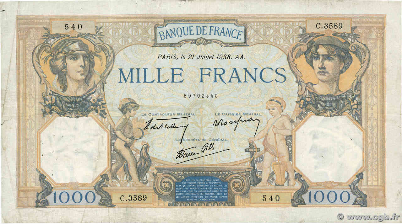 1000 Francs CÉRÈS ET MERCURE type modifié FRANCE  1938 F.38.24 F