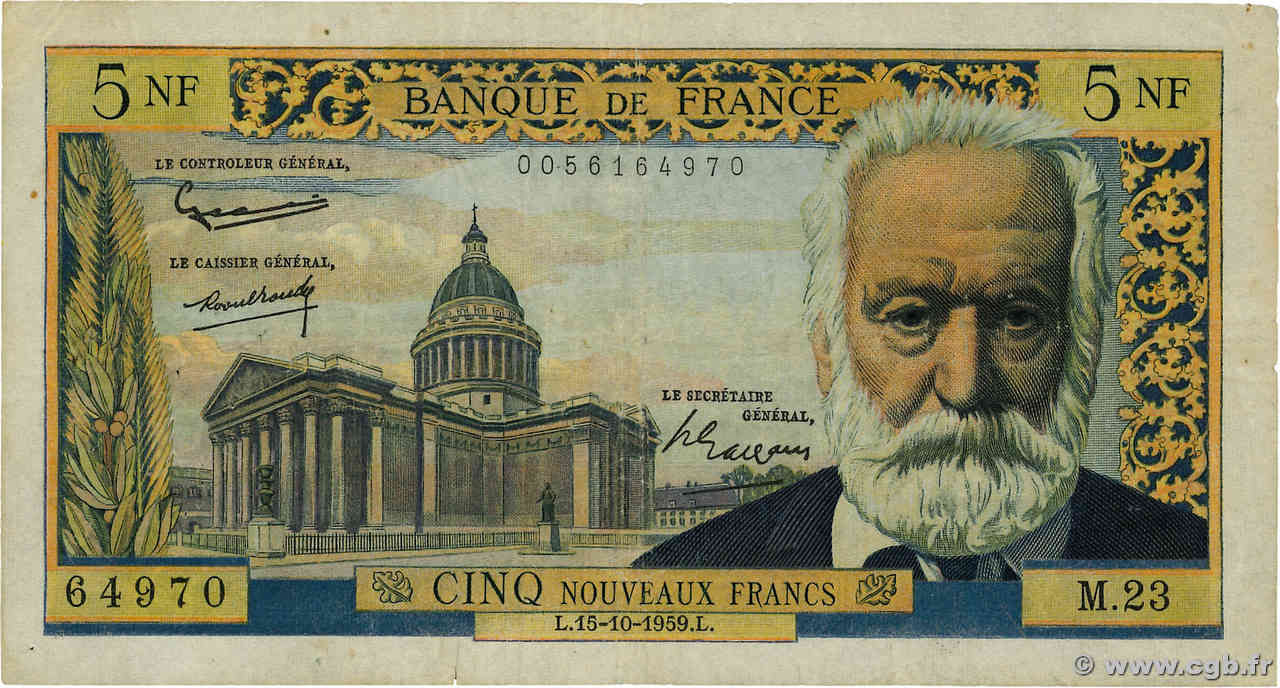 5 Nouveaux Francs VICTOR HUGO FRANCE  1959 F.56.03 F