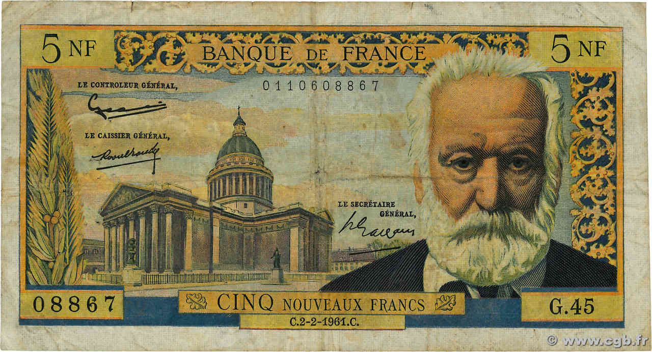 5 Nouveaux Francs VICTOR HUGO FRANCE  1961 F.56.06 VG