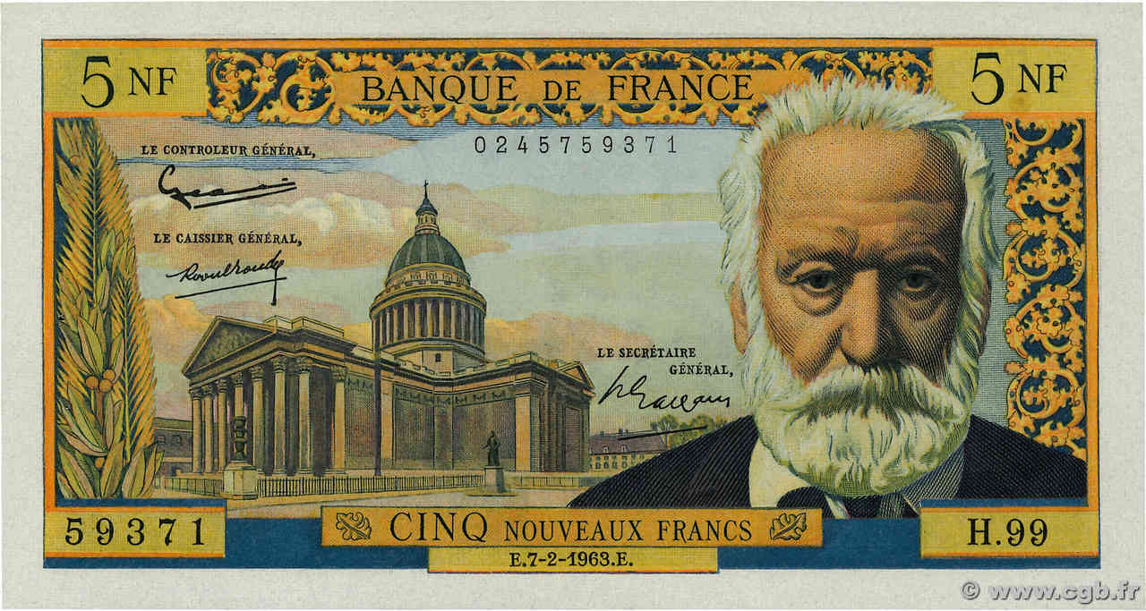 5 Nouveaux Francs VICTOR HUGO FRANCE  1963 F.56.13 SPL