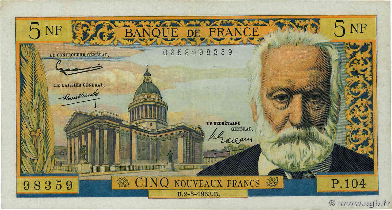 5 Nouveaux Francs VICTOR HUGO FRANCE  1963 F.56.14 VF