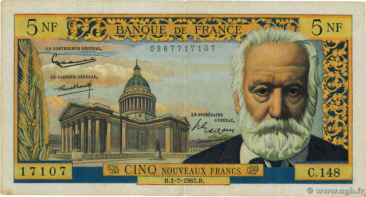 5 Nouveaux Francs VICTOR HUGO FRANCE  1965 F.56.19 F+