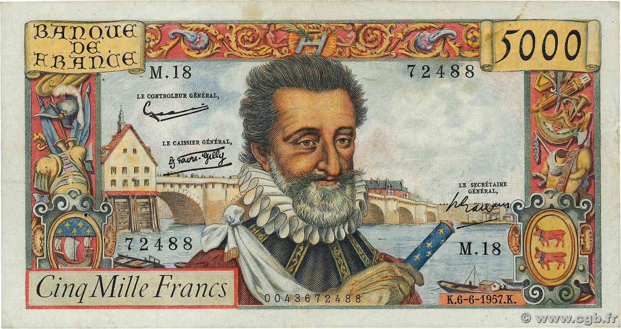 5000 Francs HENRI IV FRANCE  1957 F.49.02 F+