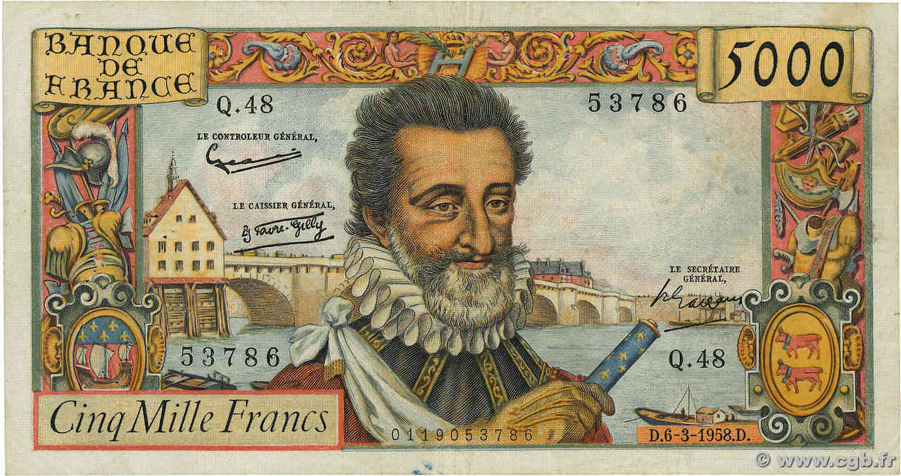 5000 Francs HENRI IV FRANCE  1958 F.49.06 TB