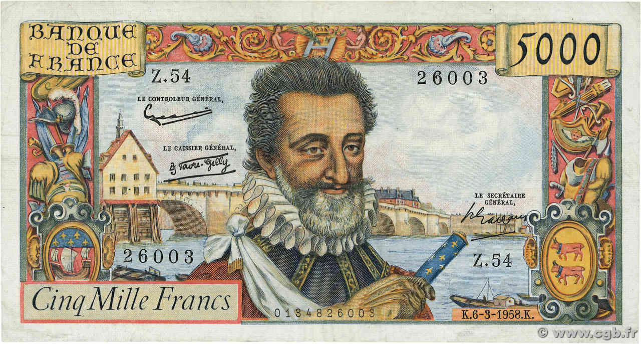 5000 Francs HENRI IV FRANCIA  1958 F.49.06 MB