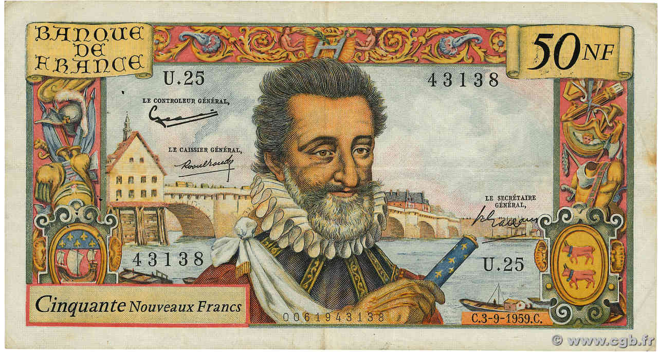 50 Nouveaux Francs HENRI IV FRANCE  1959 F.58.03 F+