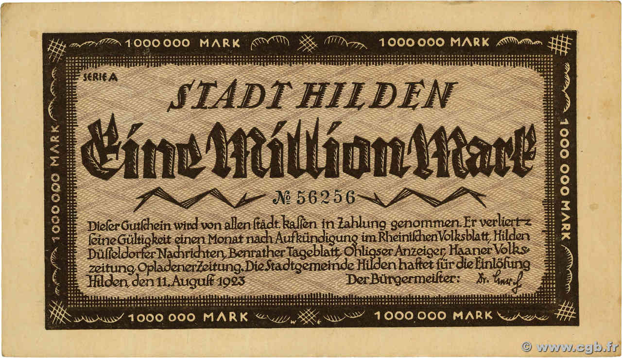 1 Million Mark GERMANY Hilden 1923 P.- VF+